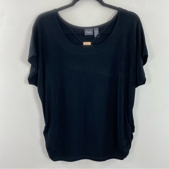 Chico’s Travelers Stretch Black Short Sleeve Top with Gold‎ Accent Sz Large - Picture 2 of 12